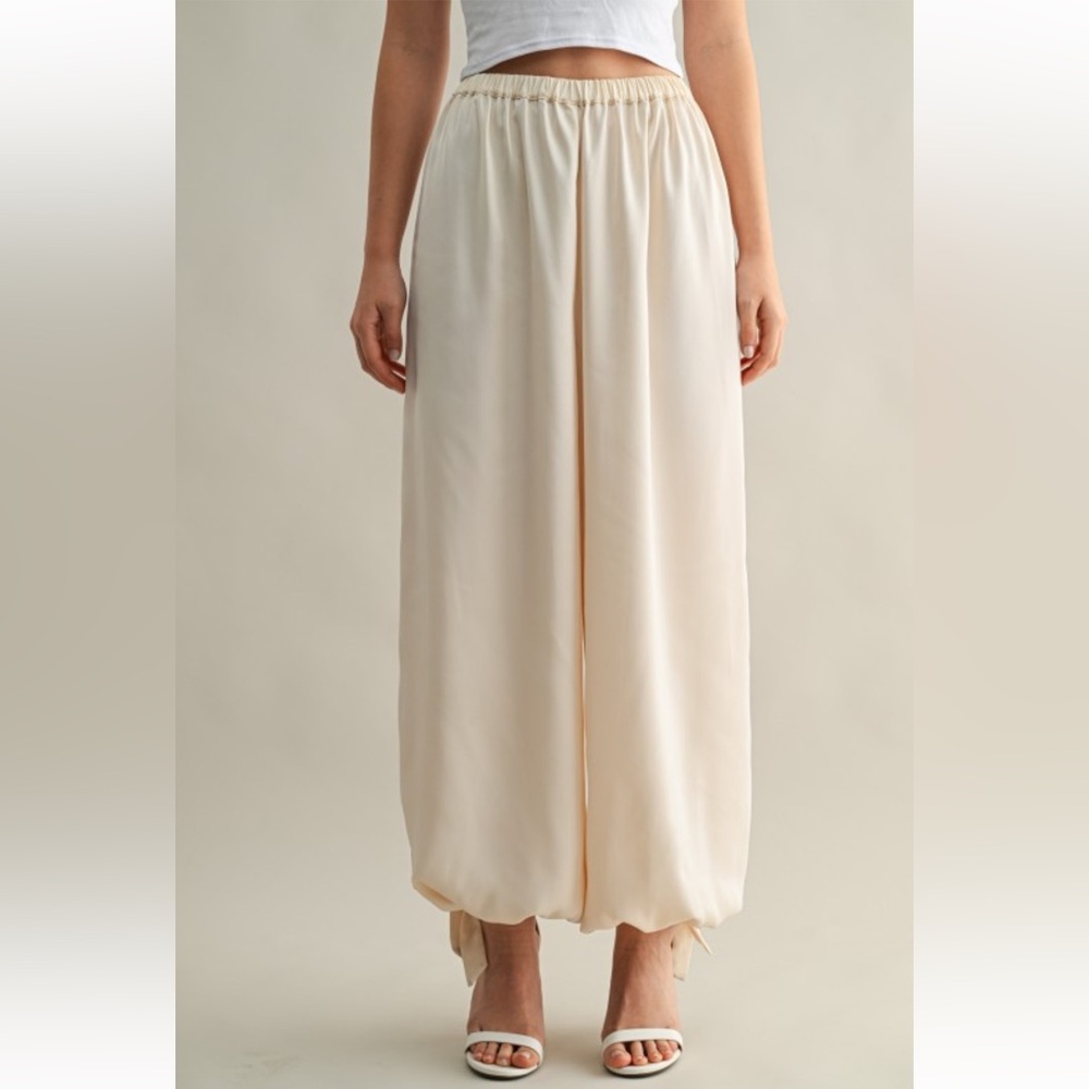 A244. Cream Satin Adjustable Tie Hem Detail Wide Leg Pants - Picture 2 of 6